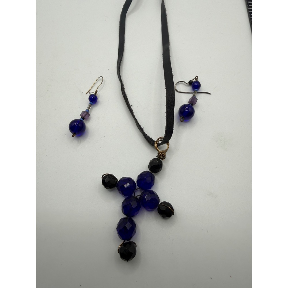 Handmade‎ Beaded Cross Necklace and Earrings Set Blue Black Leather Cord Gothic